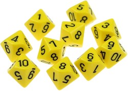10 zijdige dobbelsteen 1 - 10 geel set van 10 stuks