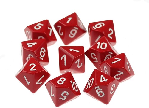 10 zijdige dobbelsteen 1 - 10 rood set van 10 stuks