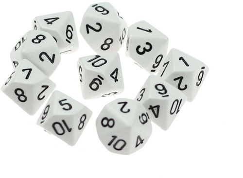 10 zijdige dobbelsteen 1 - 10 wit set van 10 stuks