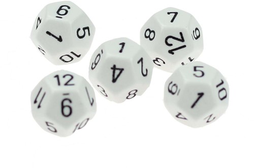 12 zijdige dobbelsteen 1 - 12 wit set van 5 stuks