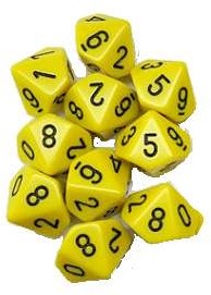 10 zijdige dobbelsteen 0 - 9 geel  set van 10 stuks