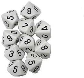 10 zijdige dobbelsteen 0 - 9 wit set van 10 stuks
