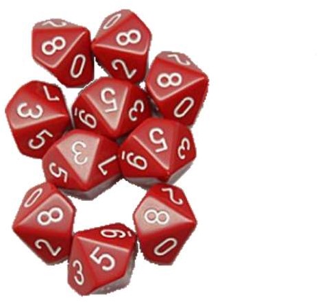 10 zijdige dobbelsteen 0 - 9 rood set van 10 stuks