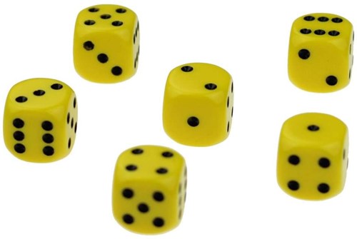 Dobbelsteen 1 - 6  geel set van 12 stuks