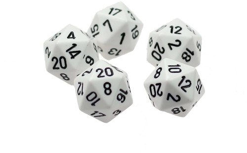 20 zijdige dobbelsteen 1 - 20 wit set van 5 stuks