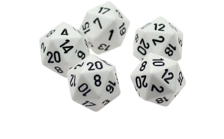 20 zijdige dobbelsteen 1 - 20 wit set van 5 stuks