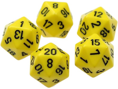 20 zijdige dobbelsteen 1 - 20 geel set van 5 stuks