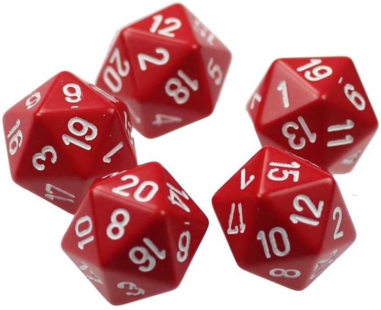 20 zijdige dobbelsteen 1 - 20 rood set van 5 stuks