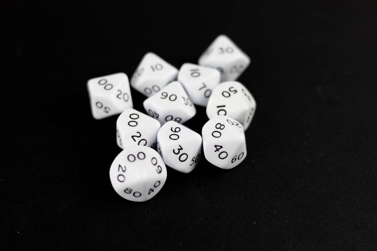 10 zijdige dobbelsteen 00 - 90 wit set van 10 stuks